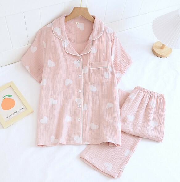Spring and Summer Crepe Love Short Sleeve Long Pants Pajama Set (SXL Purple Background White Heart) [M-XL Size] [Contact Customer Service to Confirm Shipping Size after Placing an Order]
