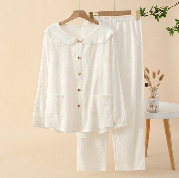 Thin long-sleeved loose pajama set (SXL white crew neck) [M-XL size] [Contact customer service to confirm the shipping size after placing an order]