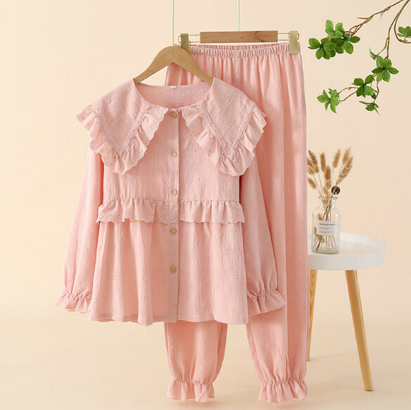 Thin long-sleeved loose pajama set (SXL pink navy collar) [M-XL size] [Contact customer service to confirm the shipping size after placing an order]