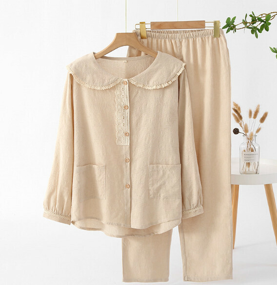 Thin long-sleeved loose pajama set (SXL coffee round neck) [M-XL size] [Contact customer service to confirm the shipping size after placing an order]