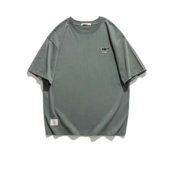 Embroidered cotton crew neck short sleeve T (gray-green) [M-2XL size] [Contact customer service to confirm the shipping size after placing an order]