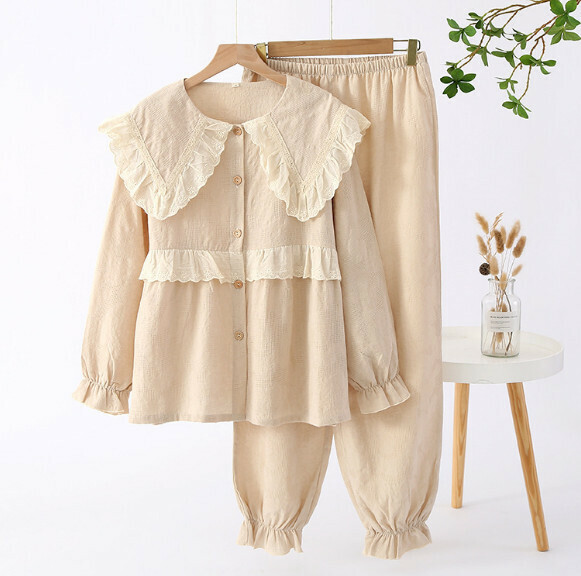 Thin long-sleeved loose pajama set (SXL coffee navy collar) [M-XL size] [Contact customer service to confirm the shipping size after placing an order]