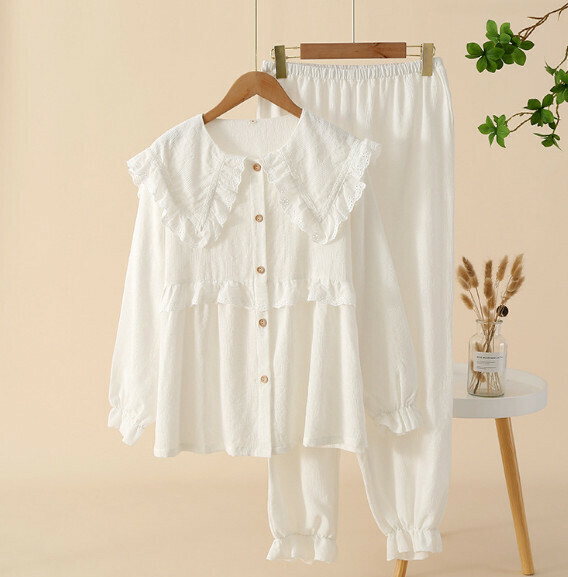 Thin long-sleeved loose pajama set (SXL white navy collar) [M-XL size] [Contact customer service to confirm the shipping size after placing an order]