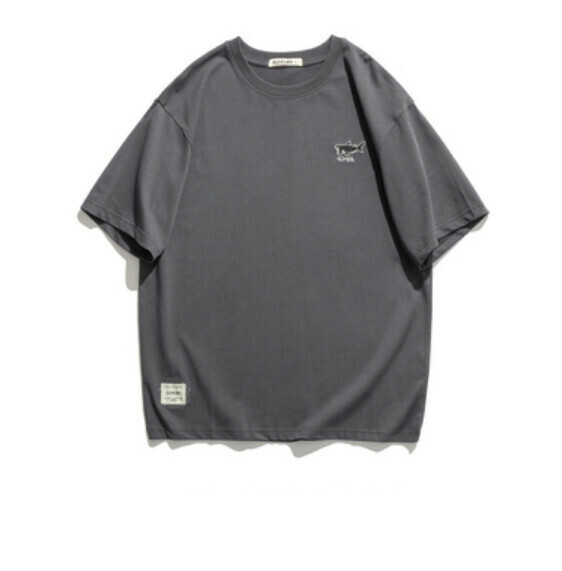Embroidered cotton crew neck short sleeve T (dark gray) [M-2XL size] [Contact customer service to confirm the shipping size after placing an order]