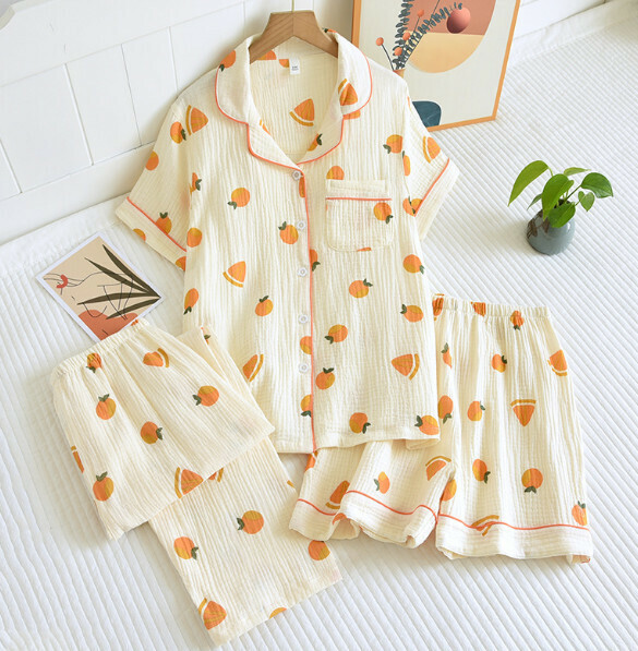 Summer thin short-sleeved trousers, shorts, cotton jacket, three-piece pajamas (H orange) [M-XL size] [Contact customer service to confirm the shipping size after placing an order]