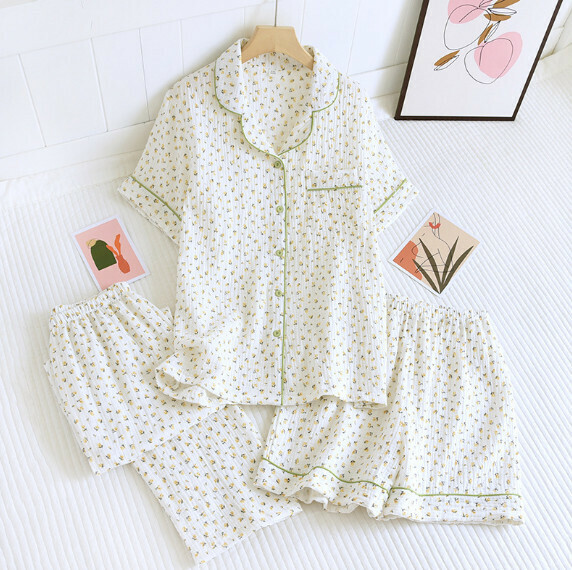 Summer thin short-sleeved trousers, shorts, cotton jacket, three-piece pajamas (H floral) [M-XL size] [Contact customer service to confirm the shipping size after placing an order]