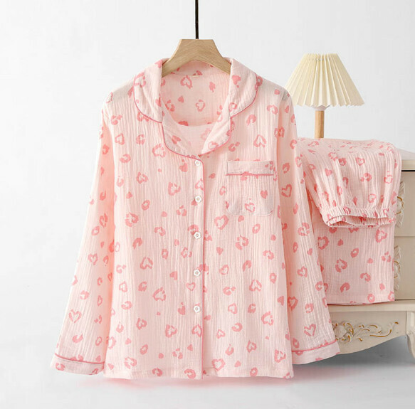 Spring lapel long sleeve cardigan pajama set (SXL pink pattern) [M-XL size] [Contact customer service to confirm the shipping size after placing an order]