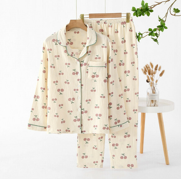 Spring Lapel Long Sleeve Cardigan Pajama Set (SXL Cherry Milk Fruit) [M-XL Size] [Contact Customer Service to Confirm Shipping Size After Placing an Order]