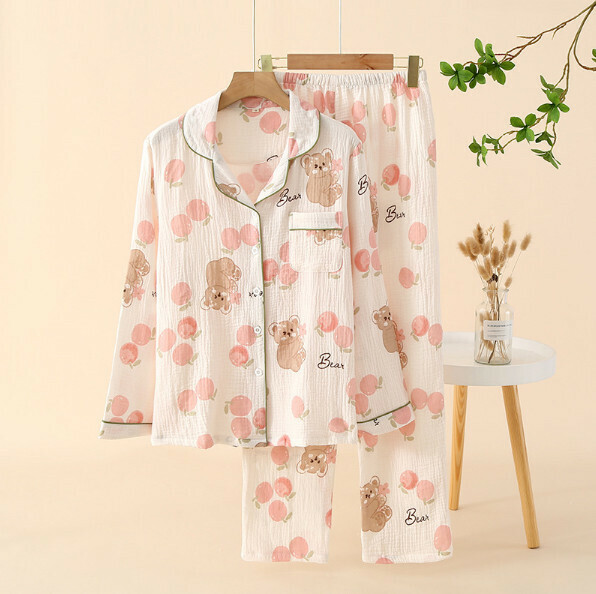 Spring Lapel Long Sleeve Cardigan Pajama Set (SXL Strawberry Bear) [M-XL Size] [Contact Customer Service to Confirm Shipping Size After Placing an Order]
