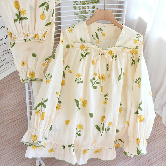 Spring and Summer Long Sleeve Cotton Gauze Pajama Set (HLL Daffodil) [M-XL Size] [Contact Customer Service to Confirm Shipping Size after Placing an Order]