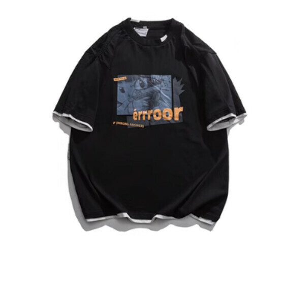Printed fake two-piece short-sleeved T (black) [M-2XL size] [Contact customer service to confirm the shipping size after placing an order]