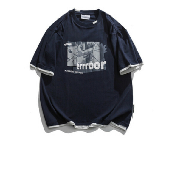 Printed fake two-piece short-sleeved T (navy blue) [M-2XL size] [Contact customer service to confirm the shipping size after placing an order]