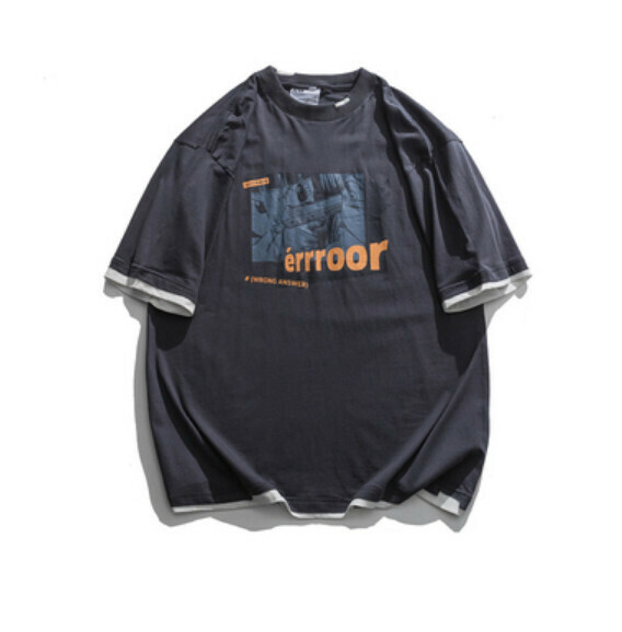 Printed fake two pieces of short-sleeved T (gray) [M-2XL size] [Contact customer service to confirm the shipping size after placing an order]