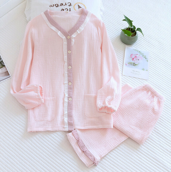Summer V-Neck Lace Crepe Shorts Short Sleeve Pajama Set (LH Pink) [M-XL Size] [Contact Customer Service to Confirm Shipping Size After Placing an Order]