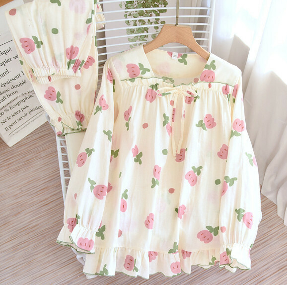 Spring and Summer Long Sleeve Cotton Gauze Pajama Set (HLL Pink Tulip) [M-XL Size] [Contact Customer Service to Confirm Shipping Size After Placing an Order]