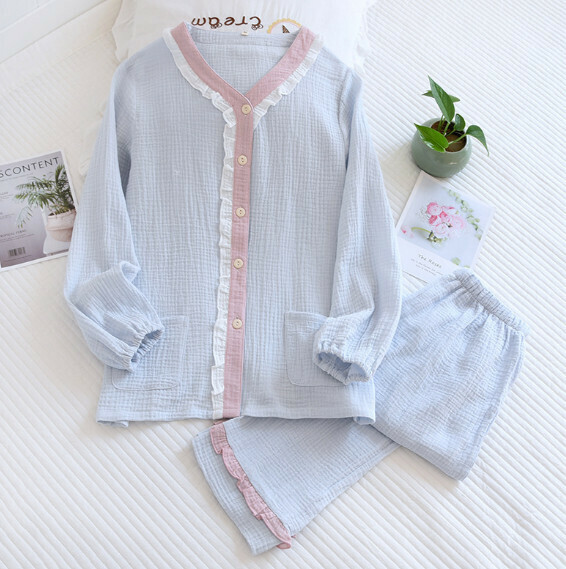 Summer V-Neck Lace Crepe Shorts Short Sleeve Pajama Set (LH Blue) [M-XL Size] [Contact Customer Service to Confirm Shipping Size After Placing an Order]