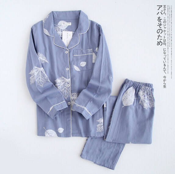 Spring and Autumn Double Gauze Long Sleeve Long Pants Pajama Set (Gray Blue) [M-XL Size] [Contact Customer Service to Confirm Shipping Size After Placing an Order]
