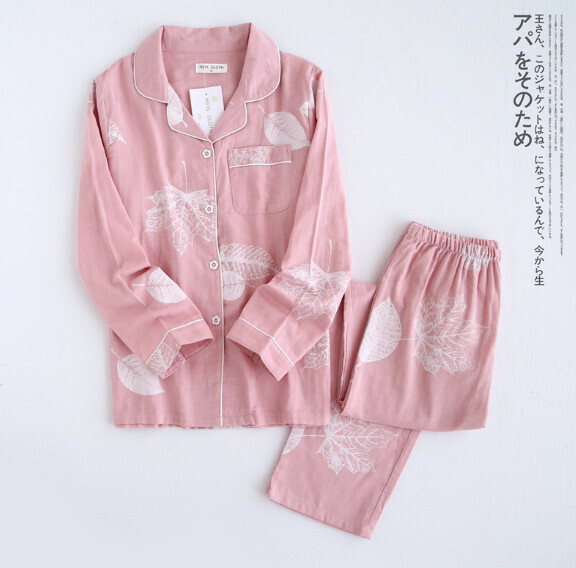 Spring and Autumn Double Gauze Long Sleeve Long Pants Pajama Set (Pink) [M-XL Size] [Contact Customer Service to Confirm Shipping Size After Placing an Order]