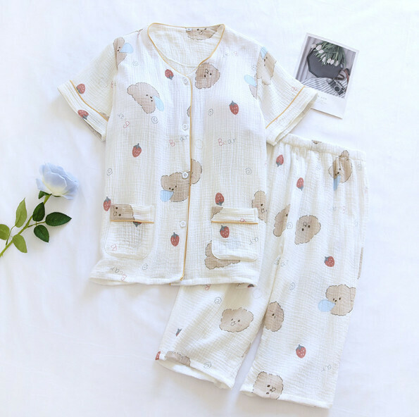 Spring and summer gauze short sleeve cropped pants with chest pad pajama set (LH white bubble bear) [M-XL size] [contact customer service to confirm the shipping size after placing an order]