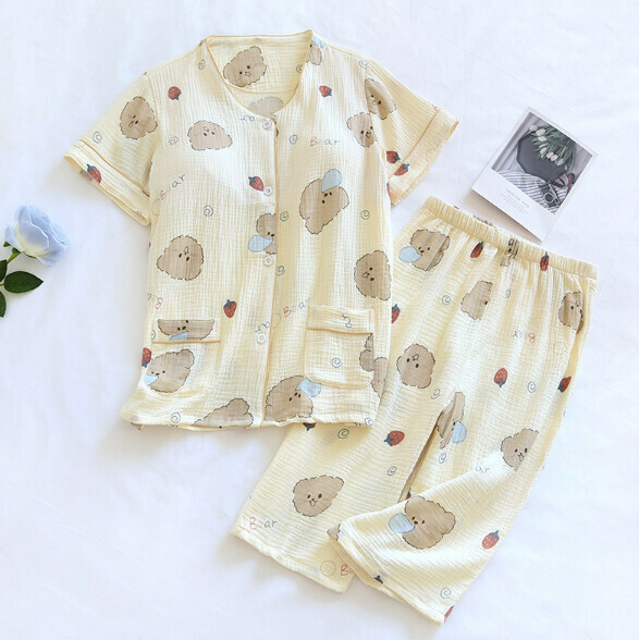 Spring and summer gauze short-sleeved cropped pants with chest pad pajama set (LH beige bubbles) [M-XL size] [Contact customer service to confirm the shipping size after placing an order]