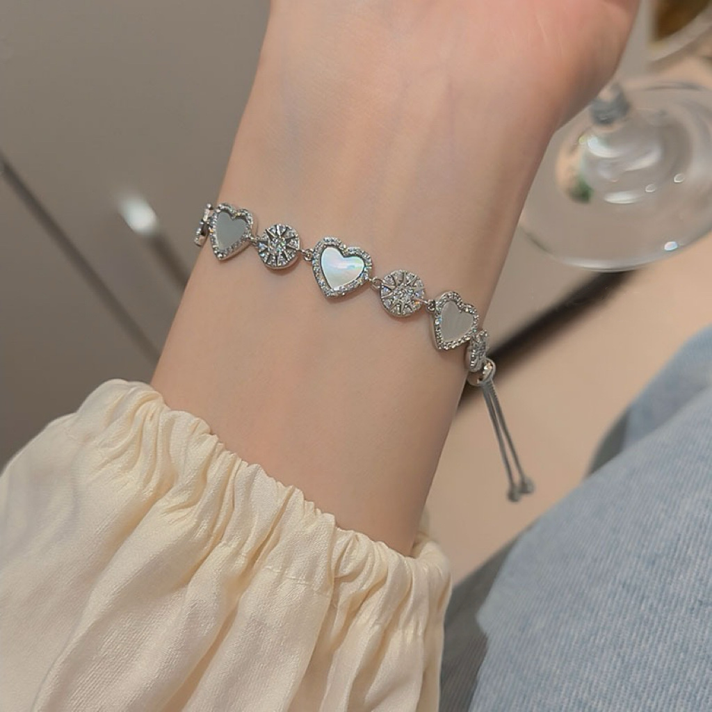 18k夢幻銀鑽白貝愛心太陽星 抽拉手鍊