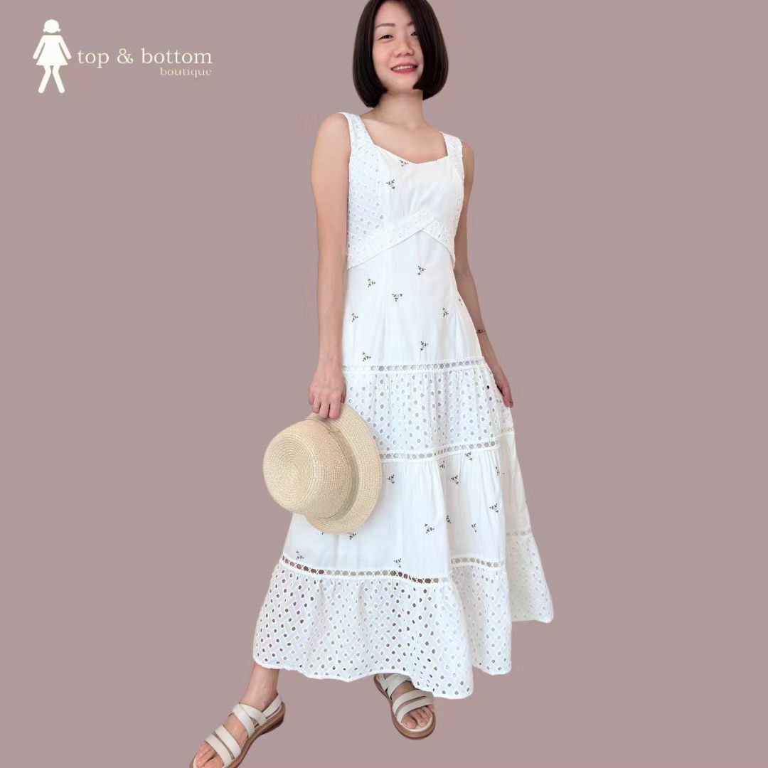 STRAP COTTON LACE EMBROIDERED LONG DRESS