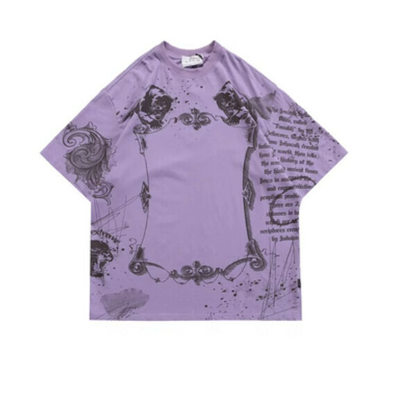 Retro washed distressed print short sleeve T (purple) [M-2XL size] [Contact customer service to confirm the shipping size after placing an order]