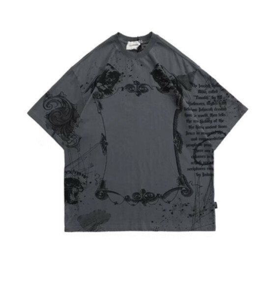 Retro washed distressed print short sleeve T (gray) [M-2XL size] [Contact customer service to confirm the shipping size after placing an order]