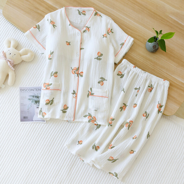 Spring and summer gauze short-sleeved cropped pants with bra pad pajama set (LH white small loquat) [M-XL size] [contact customer service to confirm the shipping size after placing an order]
