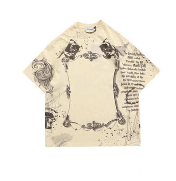 Retro washed and distressed print short sleeve T (apricot) [M-2XL size] [Contact customer service to confirm the shipping size after placing an order]