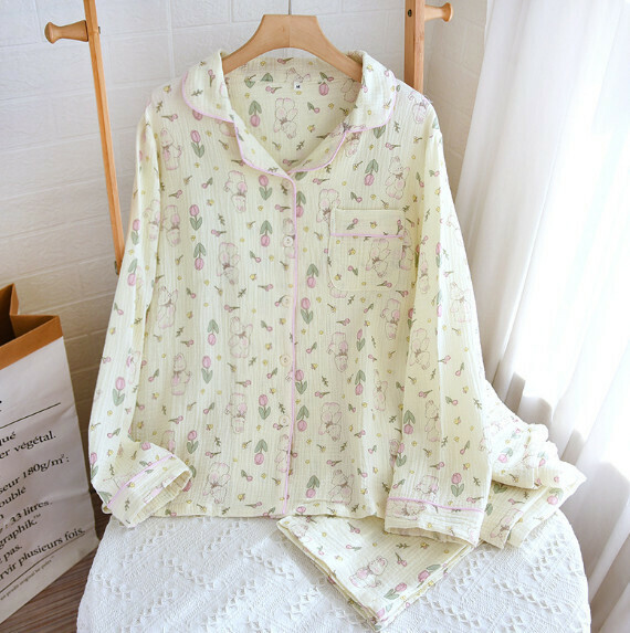 Spring and Autumn Long Sleeve Cotton Cardigan Pajama Set (LJ Flower Bud Milk Rabbit) [M-XL Size] [Contact Customer Service to Confirm Shipping Size after Placing an Order]