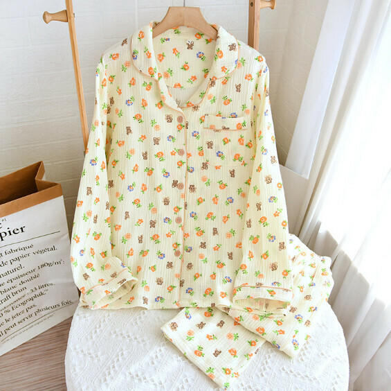 Spring and Autumn Long Sleeve Cotton Cardigan Pajama Set (LJ Flower Bear) [M-XL Size] [Contact Customer Service to Confirm Shipping Size After Placing an Order]
