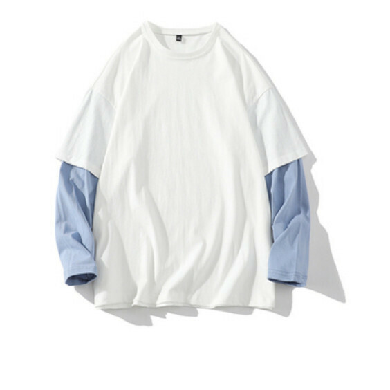 新款假兩件拼接長袖T卹（白配天藍）【S-3XL碼】【下單後聯絡客服確認發貨尺碼】