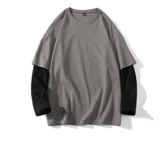 新款假兩件拼接長袖T卹（深灰配黑）【S-3XL碼】【下單後聯絡客服確認發貨尺碼】