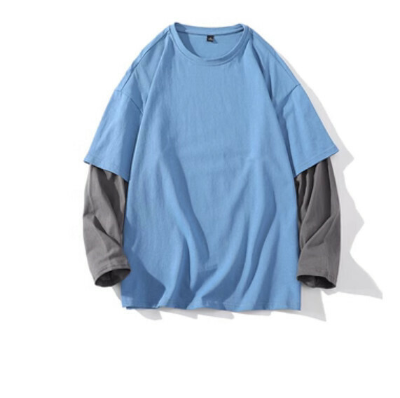 新款假兩件拼接長袖T卹（牛仔藍配灰）【S-3XL碼】【下單後聯絡客服確認發貨尺碼】