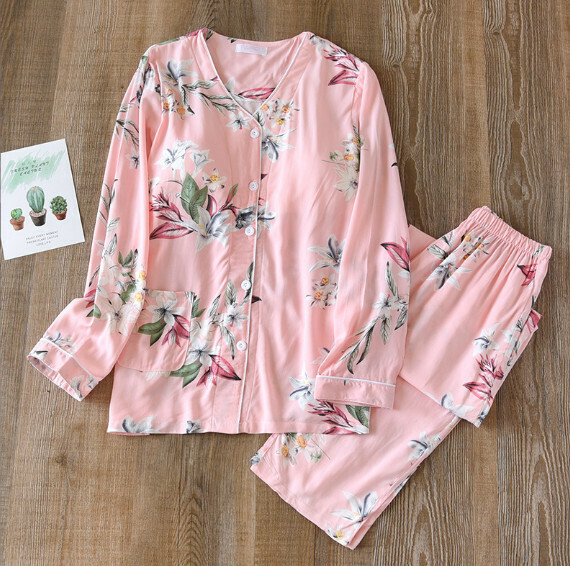 Pajama set with chest pad long sleeves and pants (pink lily) [M-XL size] [Contact customer service to confirm the shipping size after placing an order]