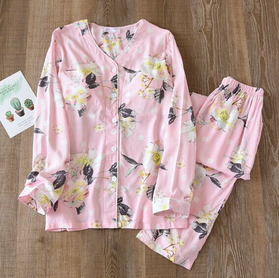 Pajama set with chest pad long sleeves and pants (pink magnolia) [M-XL size] [Contact customer service to confirm the shipping size after placing an order]