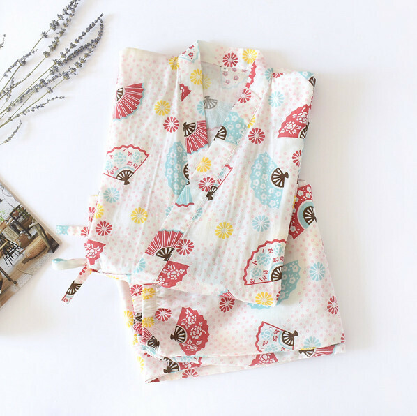 Spring and Autumn gauze three-quarter sleeve kimono pajamas (scallops) [M-XL size] [Contact customer service to confirm the shipping size after placing an order]