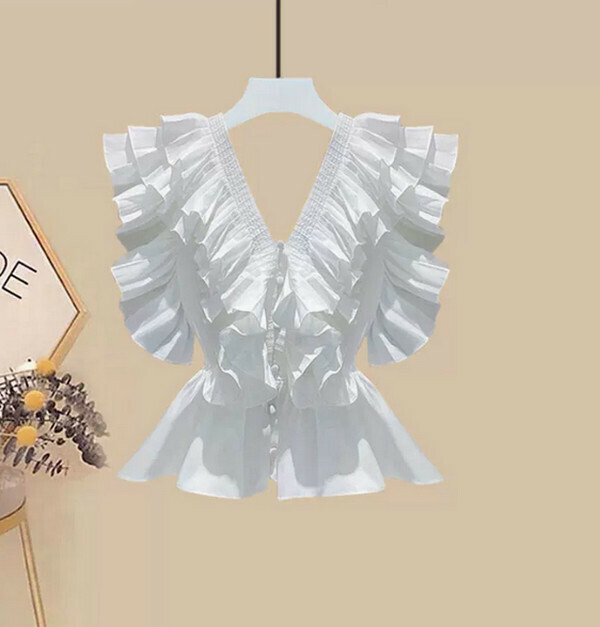 Ruffled V-neck top#Single piece (white) (size M-4XL) (Contact customer service to confirm size after placing an order) 