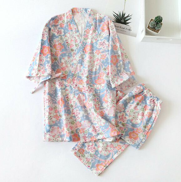 激抵春秋季紗布七分袖和服睡衣（208藍色櫻花）【M-XL碼】【下單後聯絡客服確認發貨尺碼】