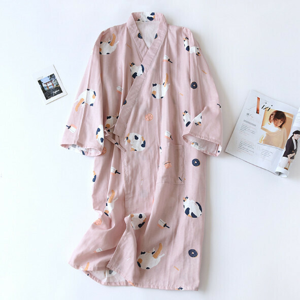激抵夏季全棉紗布和服睡袍（LH女款粉色團子貓）【M-L碼】【下單後聯絡客服確認發貨尺碼】