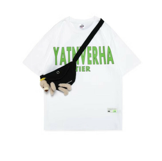 Street Hip Hop Comes with Bear Shoulder Bag Short Sleeve T (White) [M-2XL Size] [Contact Customer Service to Confirm Shipping Size after Placing an Order]