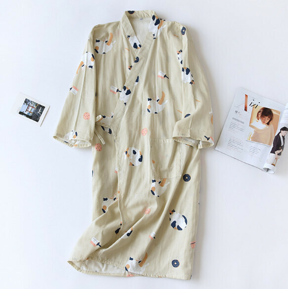 激抵夏季全棉紗布和服睡袍（LH女款卡其色團子貓）【M-L碼】【下單後聯絡客服確認發貨尺碼】