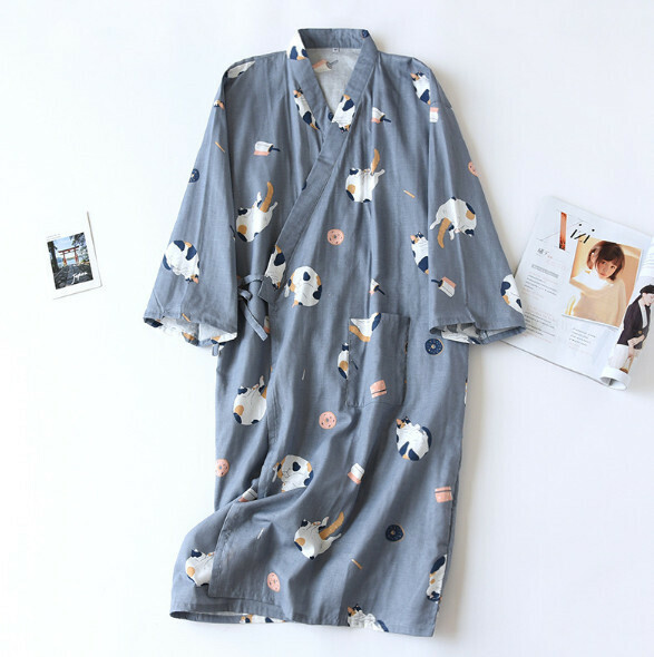 激抵夏季全棉紗布和服睡袍（LH女款深藍色團子貓）【M-L碼】【下單後聯絡客服確認發貨尺碼】