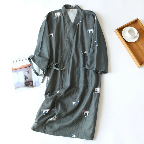 激抵夏季全棉紗布和服睡袍（LH女款墨綠酒神貓）【M-L碼】【下單後聯絡客服確認發貨尺碼】
