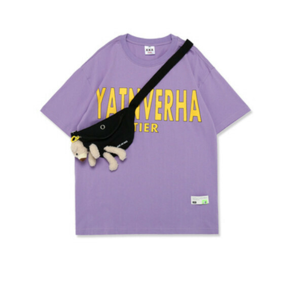 Street Hip Hop Comes with Bear Shoulder Bag Short Sleeve T (Purple) [M-2XL Size] [Contact Customer Service to Confirm Shipping Size After Placing an Order]