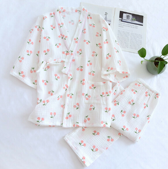 激抵春夏季七分袖純棉紗布和服睡衣（ZHY白底櫻桃）【M-XL碼】【下單後聯絡客服確認發貨尺碼】