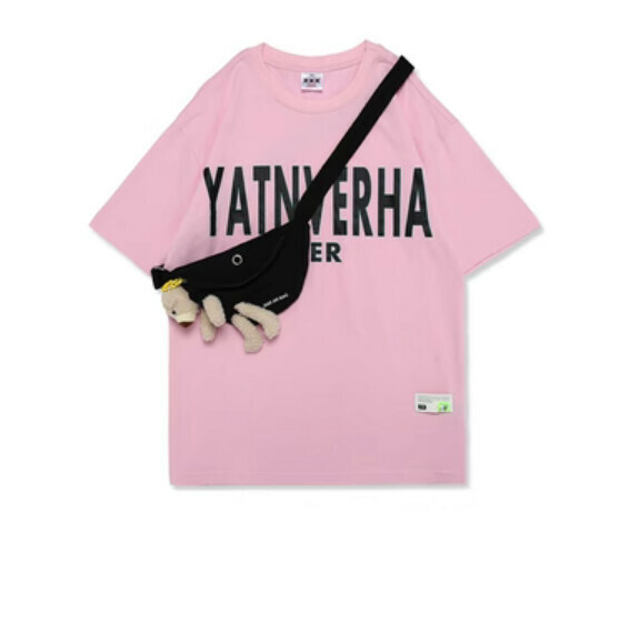 Street Hip Hop Comes with Bear Shoulder Bag Short Sleeve T (Pink) [M-2XL Size] [Contact Customer Service to Confirm Shipping Size After Placing an Order]