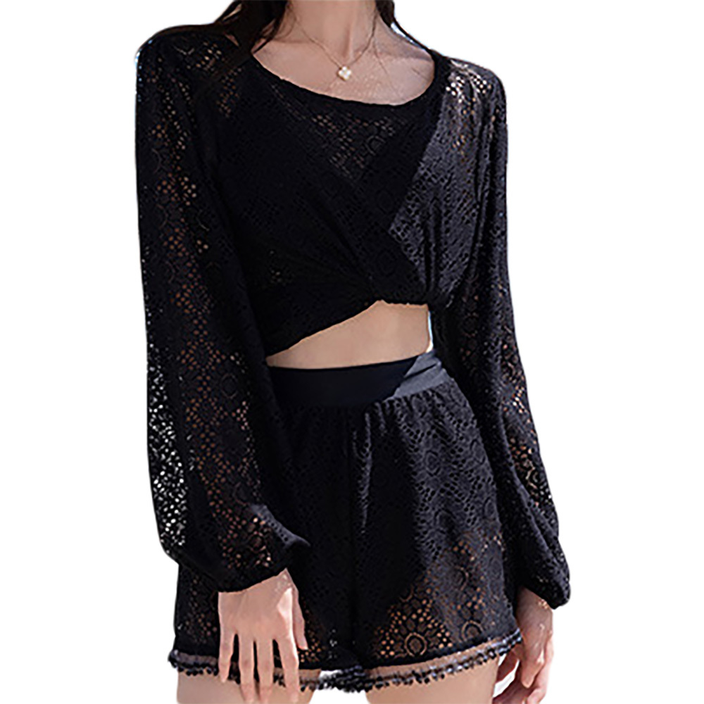 女士刺繡圖案長袖短褲外罩衣 - 黑