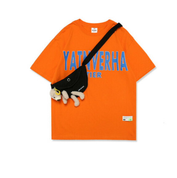 Street Hip Hop Comes with Bear Shoulder Bag Short Sleeve T (Orange) [M-2XL Size] [Contact Customer Service to Confirm Shipping Size After Placing an Order]
